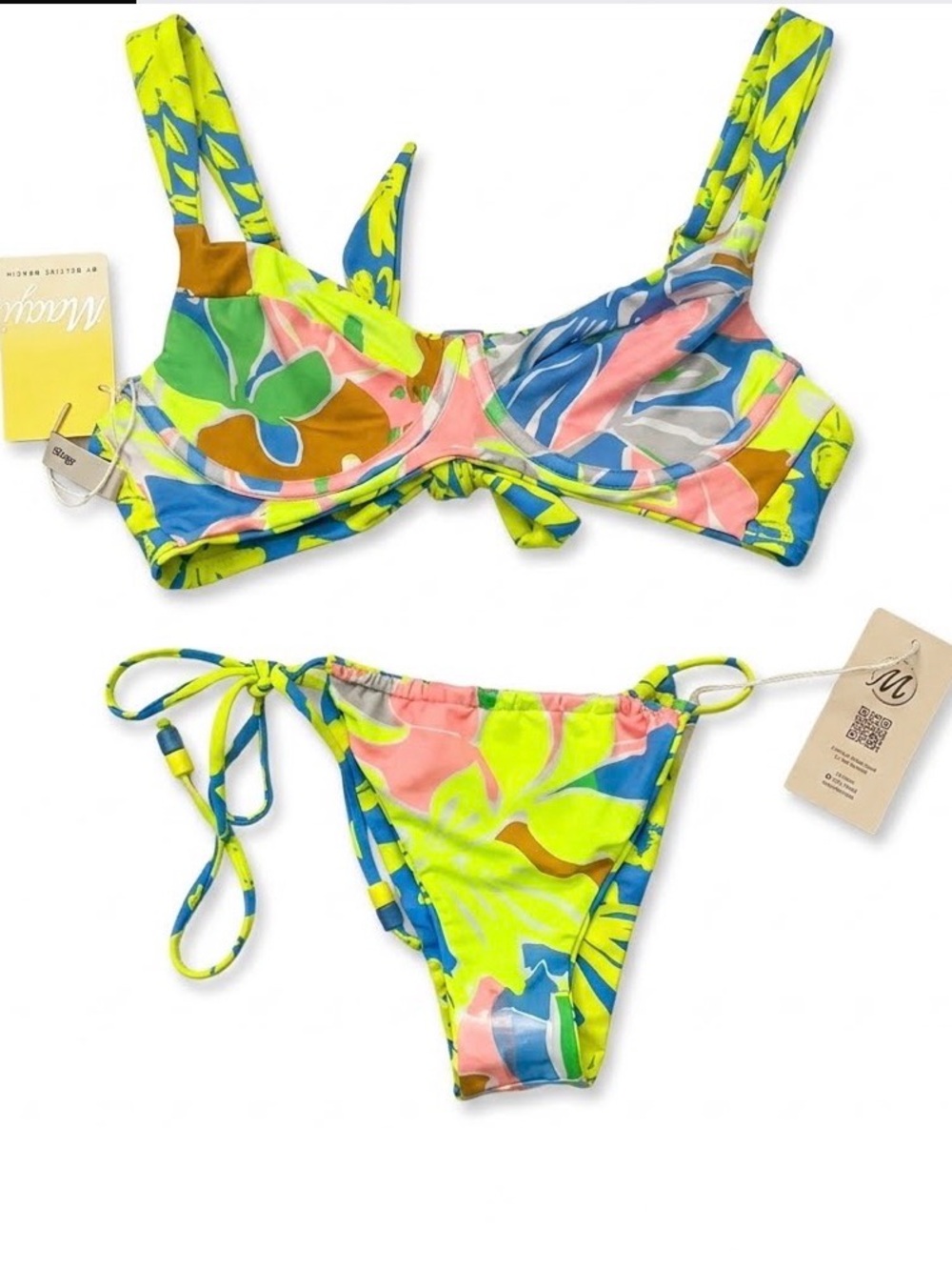 NWT Maaji Reversible Blue & Neon Yellow Floral Tie-Side Bikini Set Large - Picture 2 of 6